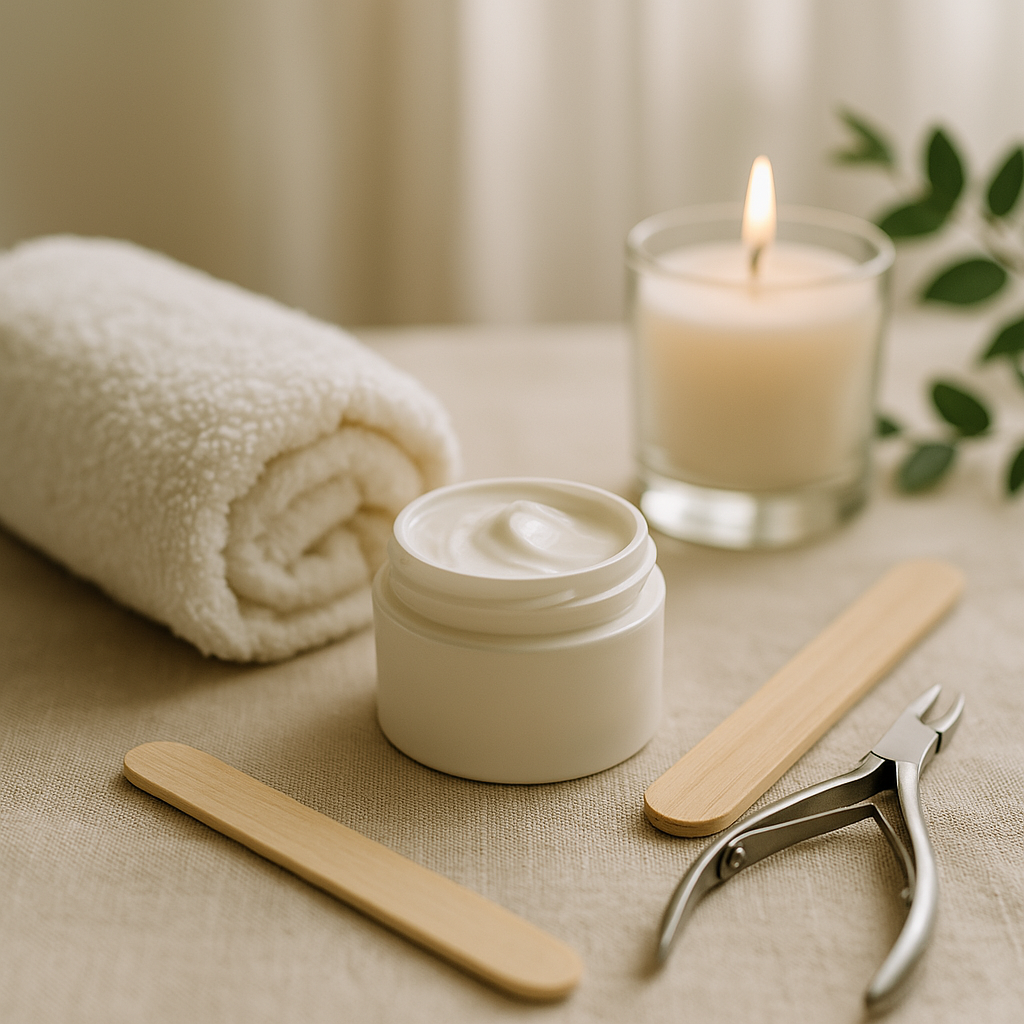 Soin des mains en institut : crème hydratante, serviette blanche, lime à ongles, pince à cuticules et bougie, dans une ambiance spa naturelle et élégante