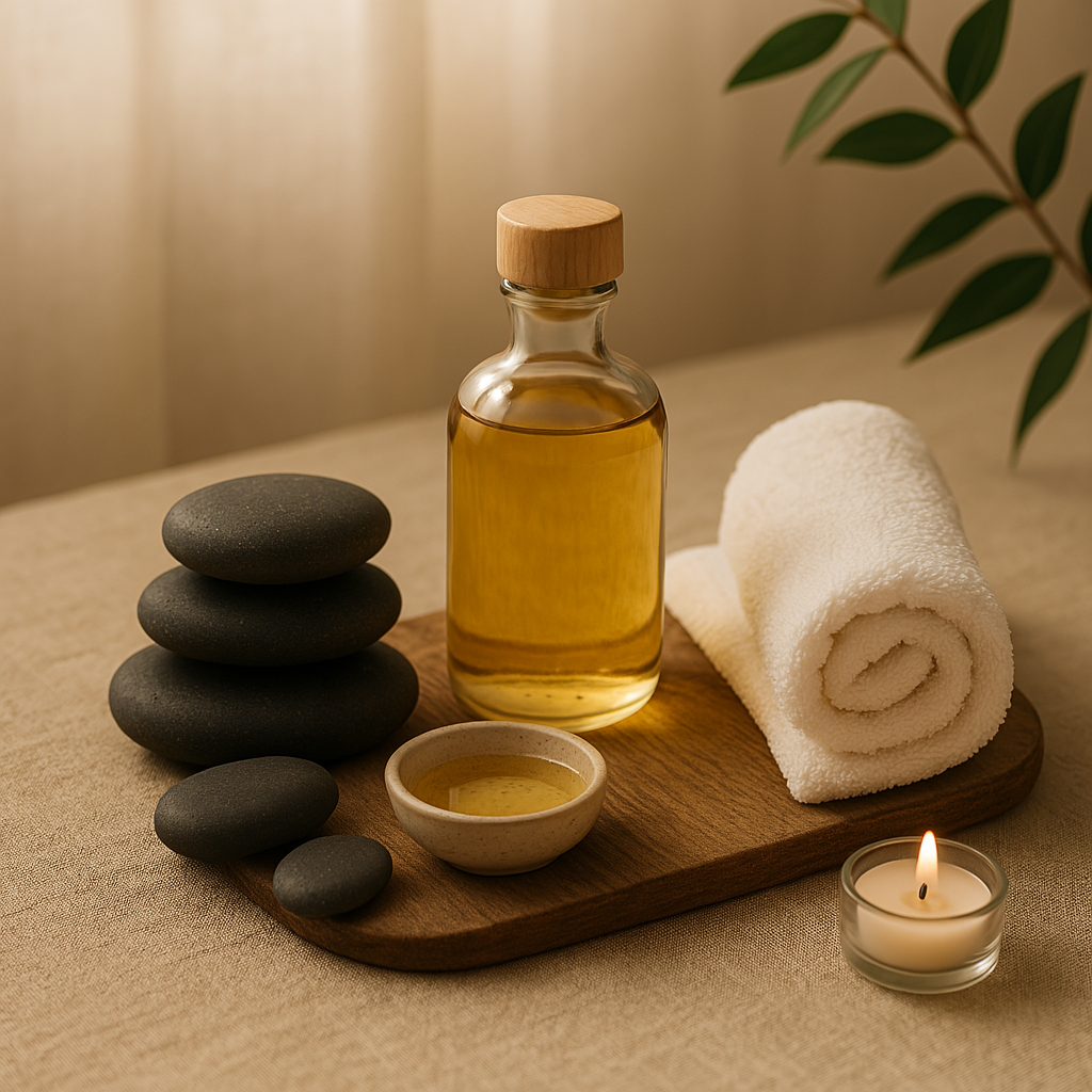 Pierres de massage, flacon d’huile, serviette blanche et bougie dans une ambiance spa douce et naturelle pour les soins du corps