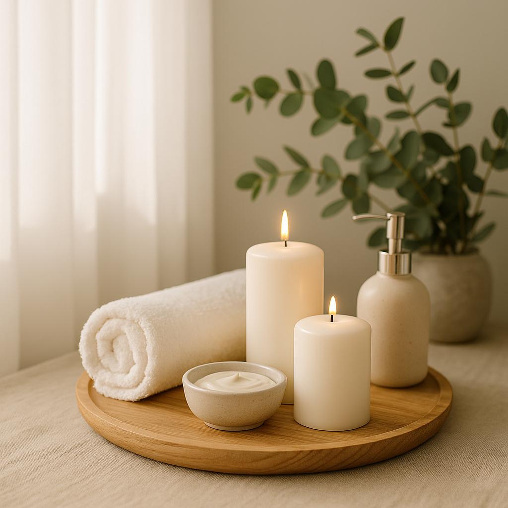Plateau spa avec bougies blanches allumées, serviette roulée, flacon de soin crème et feuillage naturel en fond – ambiance zen et élégante d’un institut de beauté