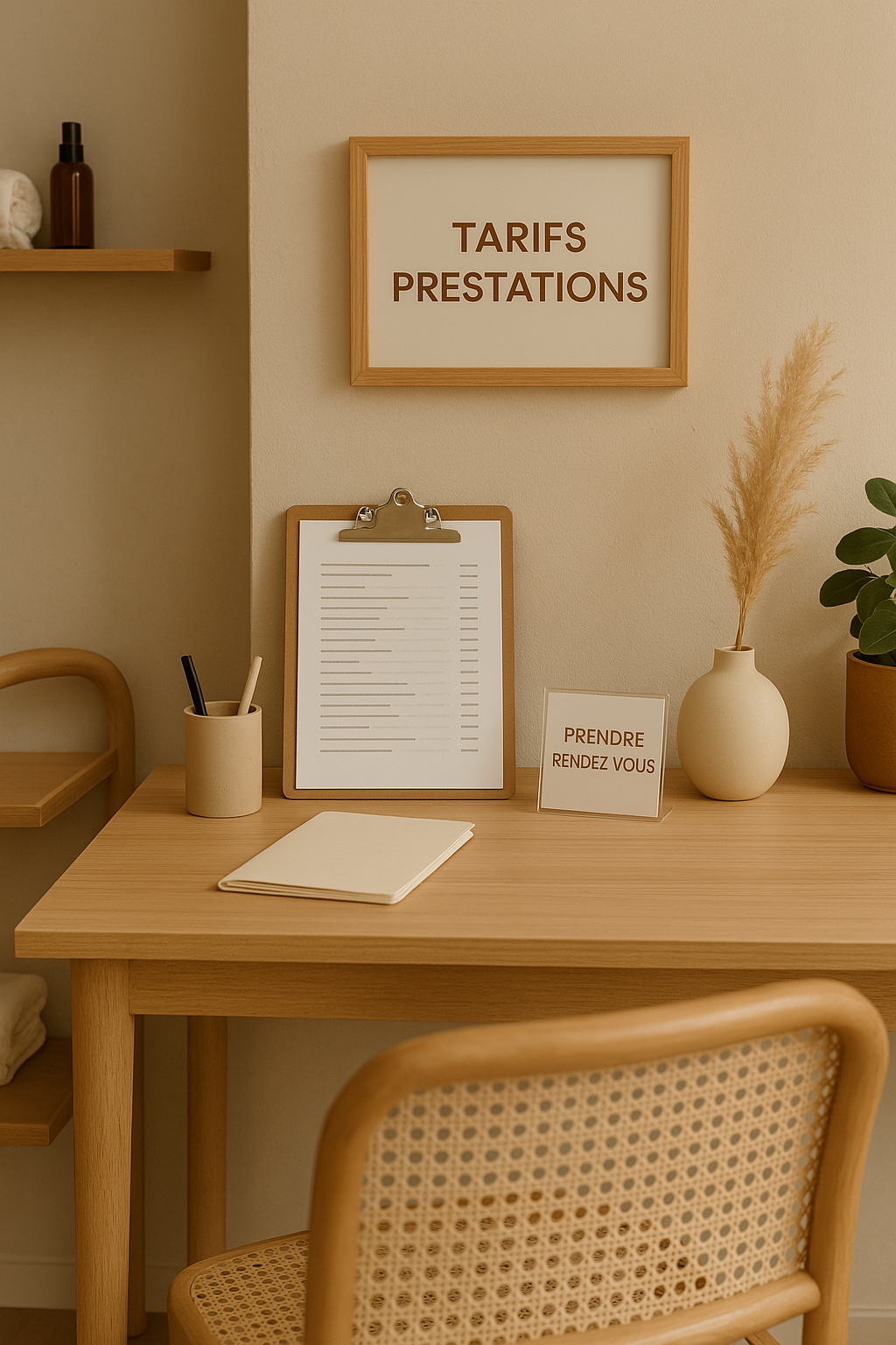 Bureau d'institut esthétique élégant avec fiche de tarifs et panneau pour prise de rendez-vous.