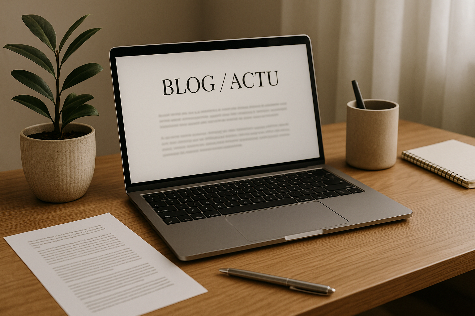 Ordinateur portable sur un bureau naturel avec page Blog / Actu ouverte, ambiance esthétique et chaleureuse.