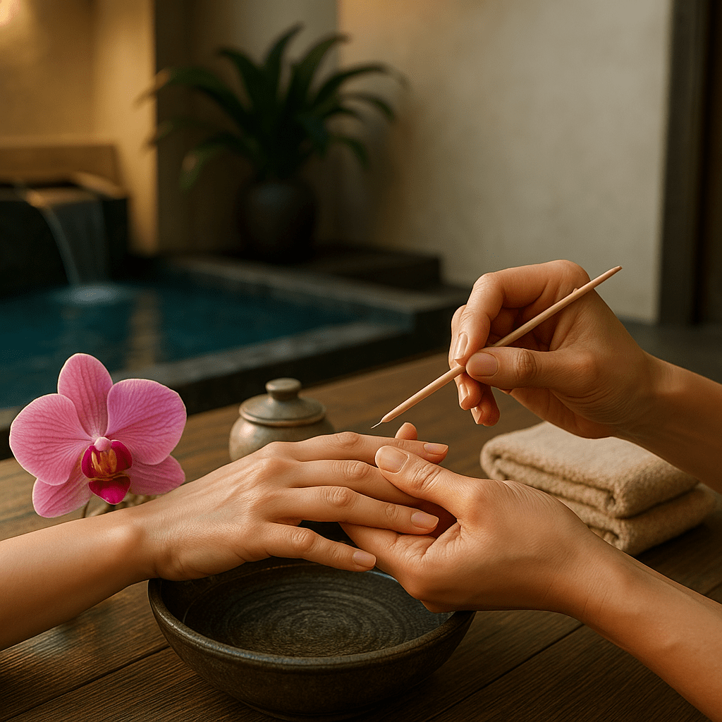 Ambiance spa en institut avec serviettes, orchidées roses, vernis et lumière douce pour les soins des mains et l’onglerie.