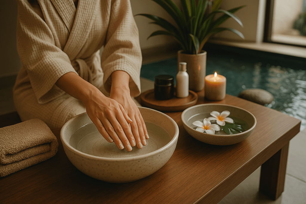 Soin des mains en institut esthétique avec ambiance zen, lumière douce et décoration naturelle. Mise en beauté des ongles dans un cadre relaxant et professionnel.