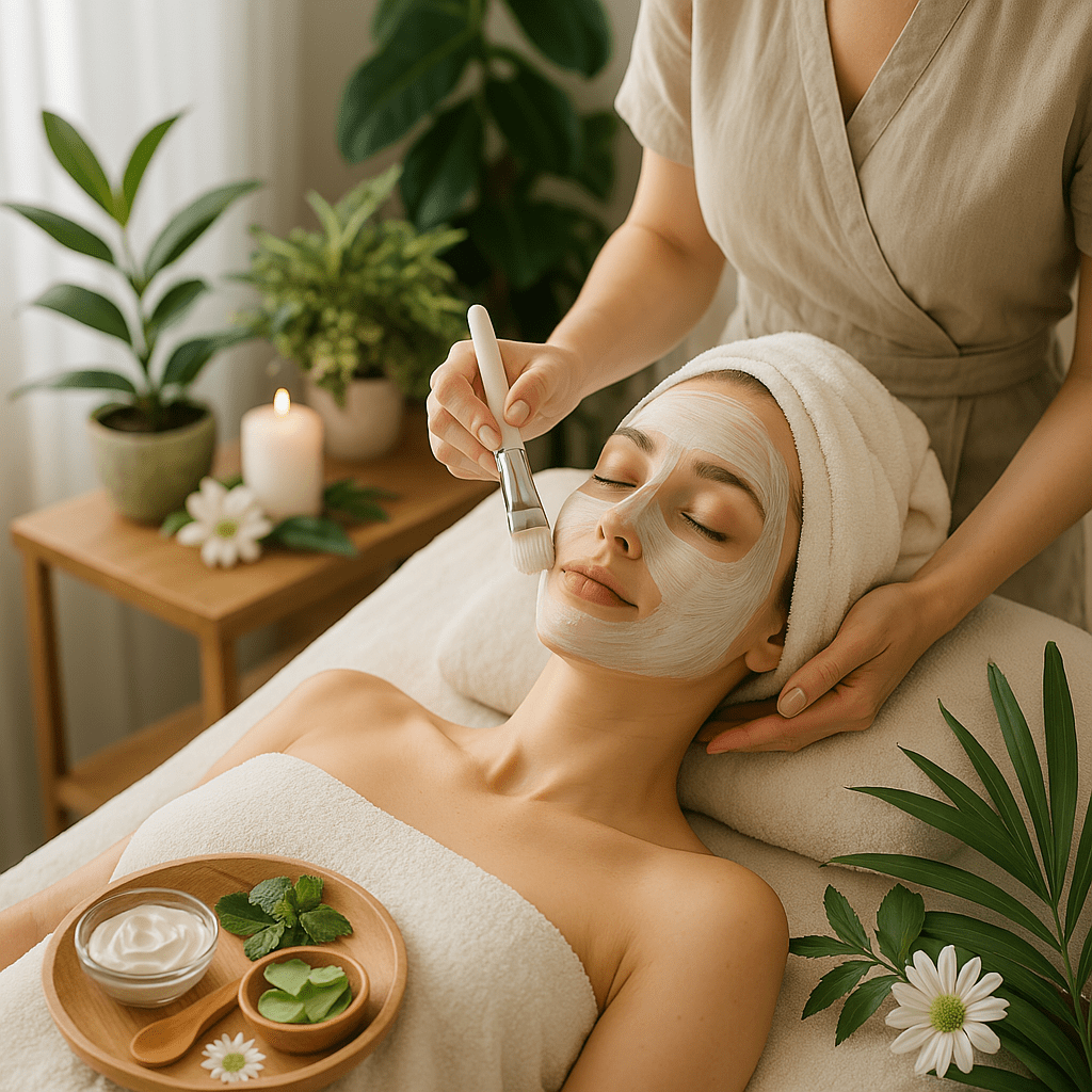 Soin visage essentiel en institut avec plantes naturelles apaisantes, ambiance zen et lumière douce. Soins hydratants, matifiants et relaxants.