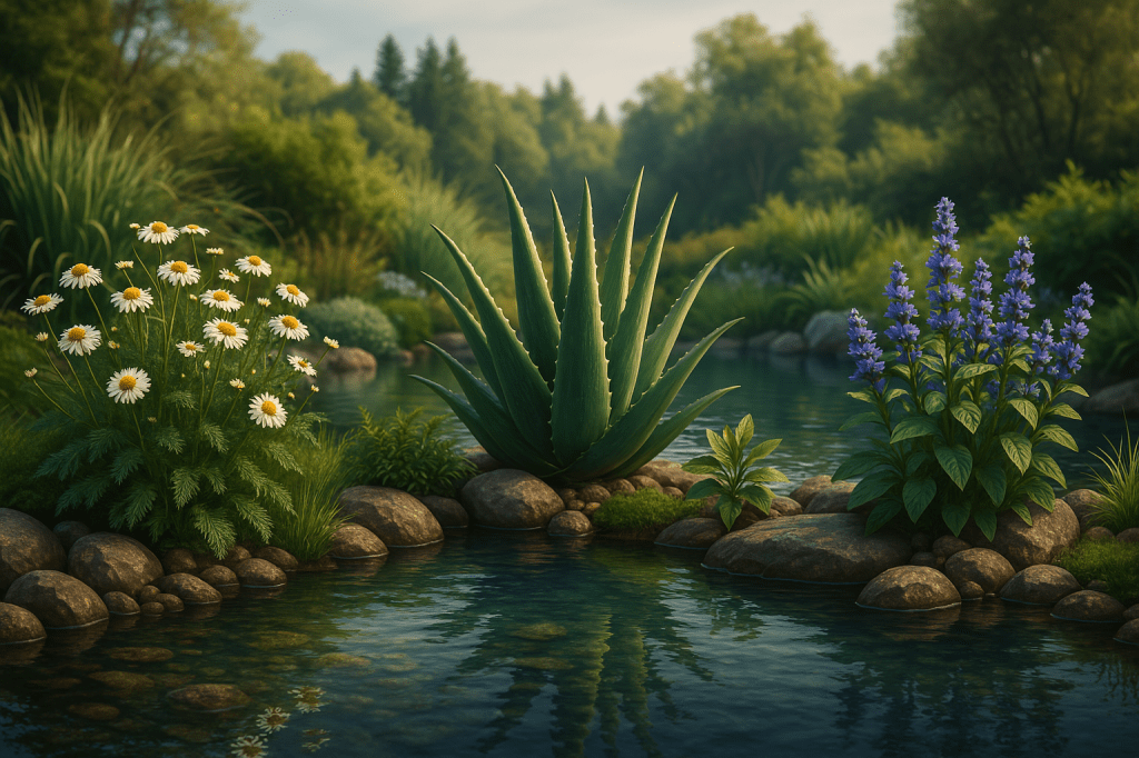 Bannière illustrant un espace naturel zen avec des plantes utilisées en soin du visage et un bassin d’eau.