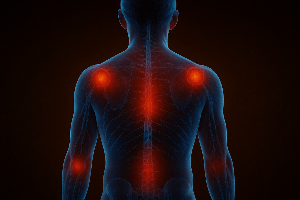 Illustration médicale du dos humain avec surbrillance rouge sur les zones de douleurs liées au stress et aux symptômes somatiques : épaules, omoplates, colonne vertébrale, bas du dos et bras.