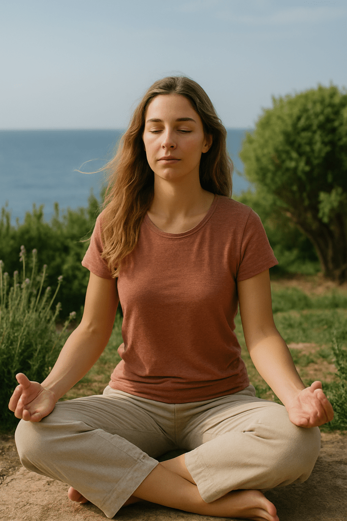 Jeune femme méditant dans un jardin en bord de mer, illustrant la reconnexion à soi et la recherche d’équilibre intérieur.