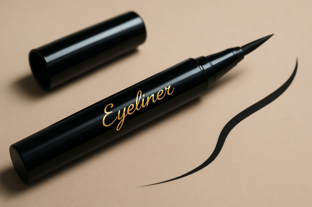 Stylo eyeliner noir au design raffiné avec calligraphie dorée, posé sur un fond beige, accompagné d’un trait fluide de maquillage